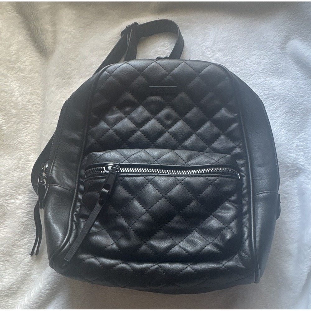 ALDO Women’s Black Quilted Backpack Silver Zip Hardware Outer Pockets Adj Strap